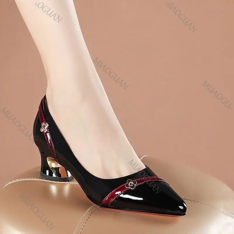 

Women Pumps Spring Autumn Soft Leather Thick Middle Heel Shoes for Women Professional Shallow Mouth Pointed Toe Women's Shoes