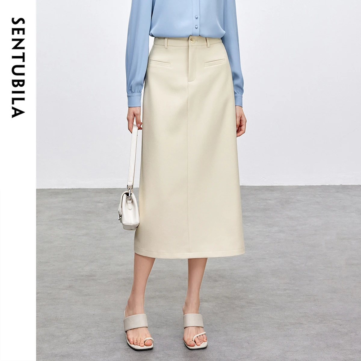 SENTUBILA Retro Straight Tube Midi Skirt For Women Spring 2026 Preppy Style High Waist Slimming Split Mid Length Skirt 151Q59211
