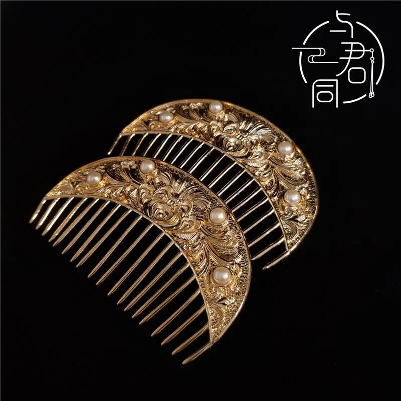 Golden Peony Pattern Hair Comb Tang Style Lady Figure Headwear Hair Comb Dunhuang Style Donor Hair Wedding