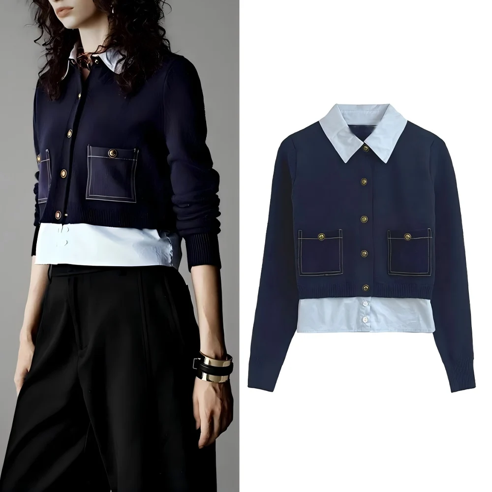 

Women's new fashion fake two-piece style spliced short Button-up knit cardigan retro long sleeved pocket women's coat chic top