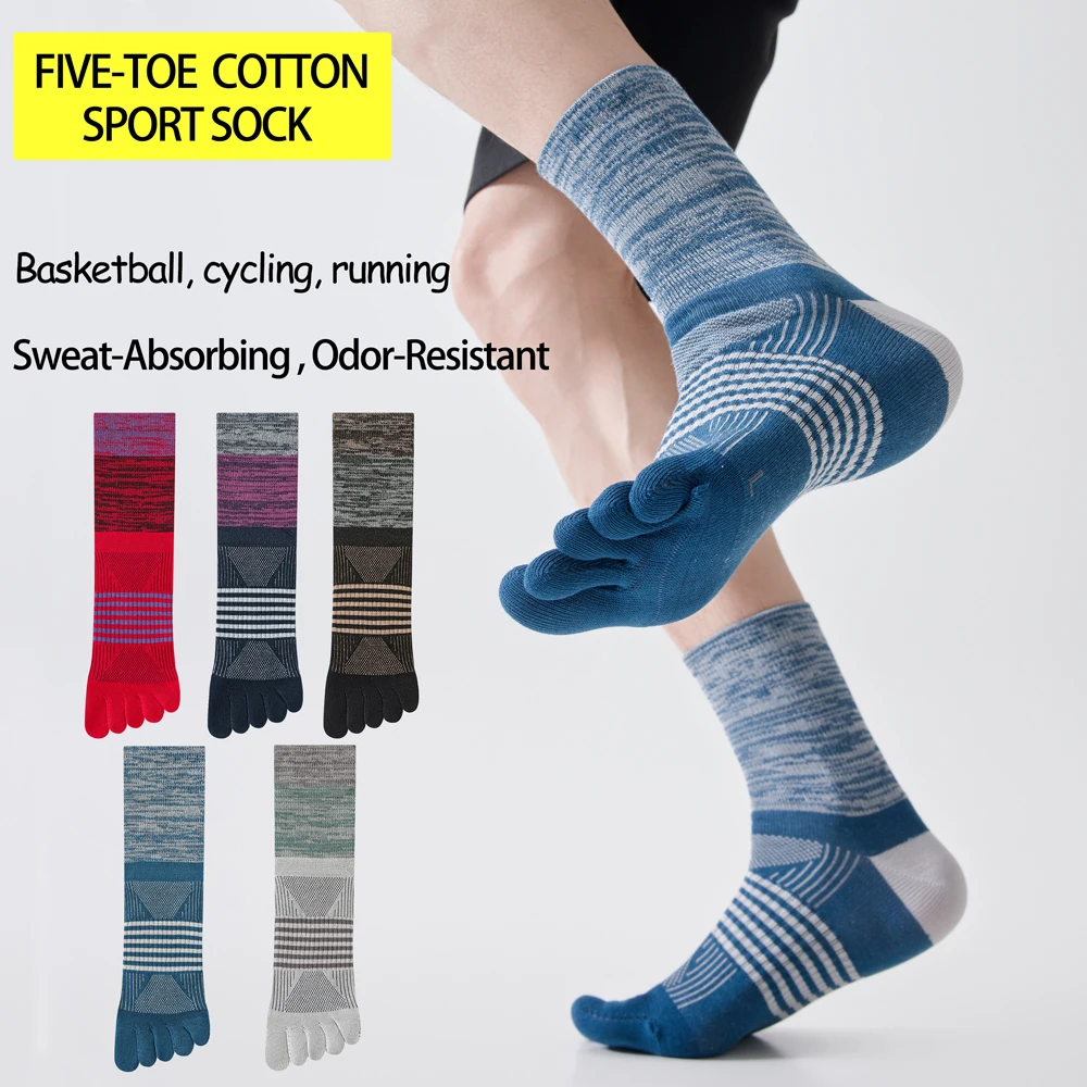 1/3Pairs Men's Cotton 5 Toe Socks Running Cycling Trail Running Basketball Hiking Mid Calf Breathable Moisture Wicking Split Toe