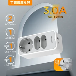 TESSAN Multiple Wall Socket Extender with 3 Outlets 1 USB 1 Type C 5 in 1 Multiple Plug Socket Adapter Charger for Home Travel