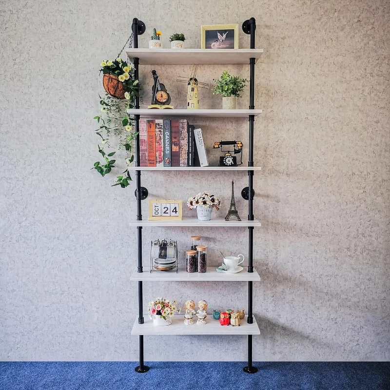 Pipe Shelves, Wall Mounted Wood Metal Industrial Shelves, Ladder Bookshelf for Living Room