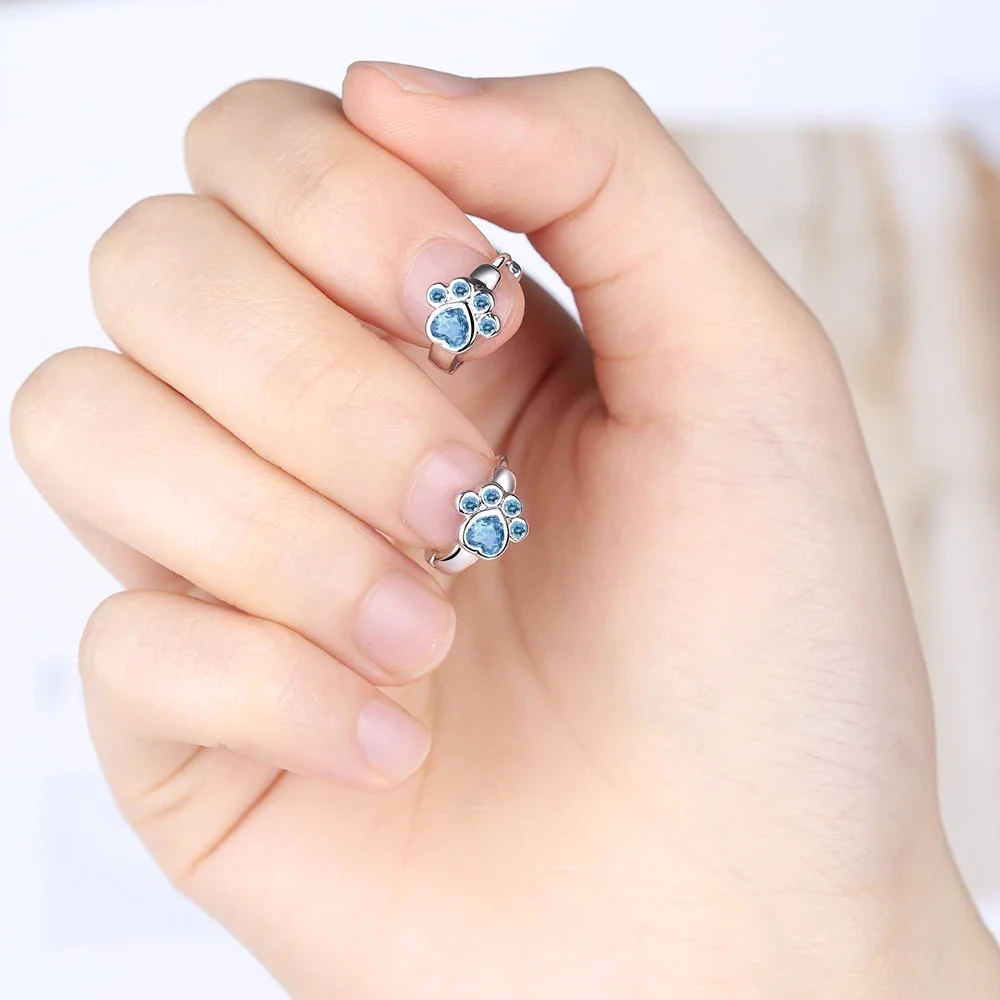Cute 925 Sterling Silver Cat Animal Paw Mark Blue Zircon Stud Earrings for Women Prevent Allergy Wedding Jewelry Gift Oorbellen
