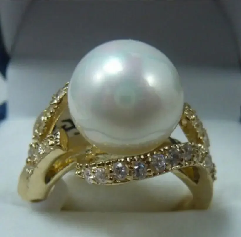 12mm Real White South Sea Shell Pearl Ring Size 6/7/8/9 AAA Grade