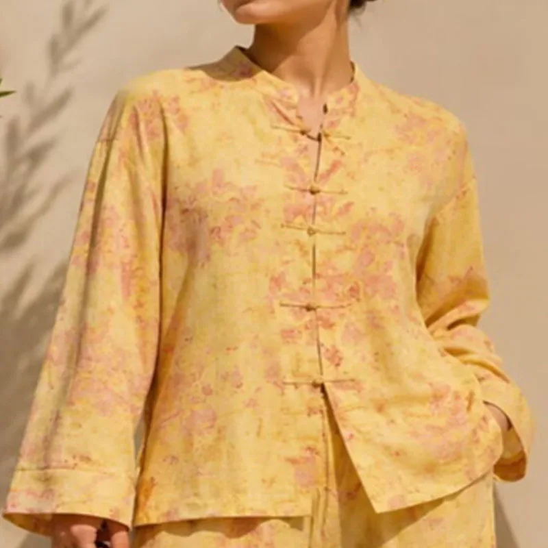 Women's Tang-style Shirt, Vintage Pattern Jacquard, Stand Collar, Butterfly Buttons, New Chinese-style Yellow Printed Top