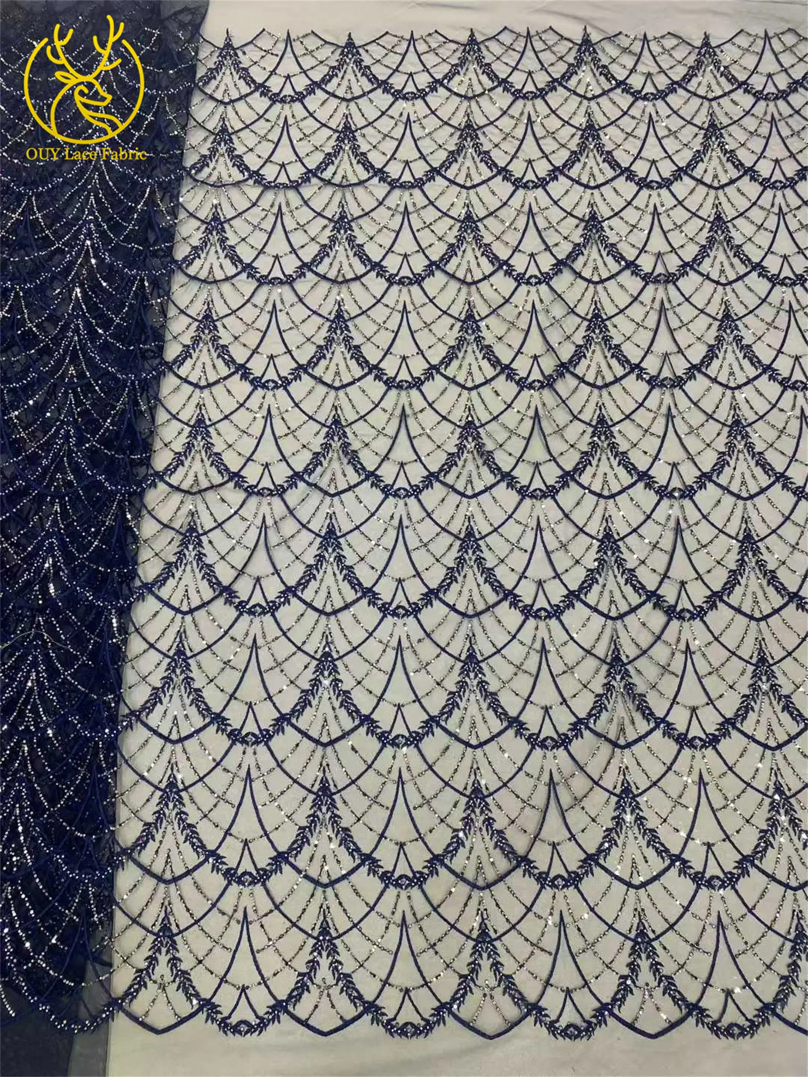 卸売ロイヤルブルーアフリカ手作りビーズメッシュレース生地2025高品質フランス刺繍チュールレースイブニングガウン用