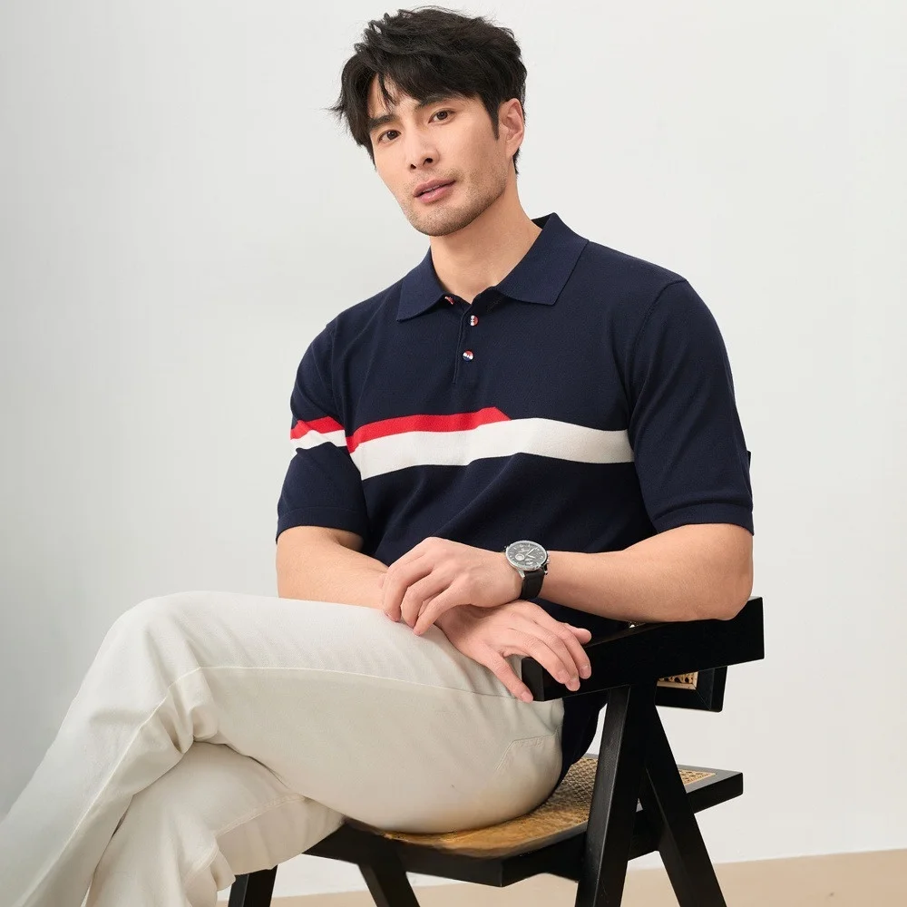 

Fashion Striped Color Matching Ice Silk Knitted Polo Shirt High Quality Men's Casual Short Sleeved Breathable Knit T-shirt Tops