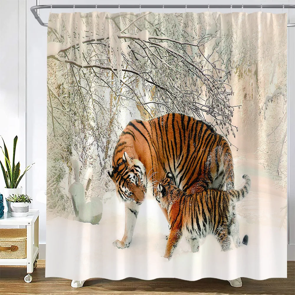 Wild Animal Shower Curtain Dog Glacier Penguin Highland Cattle Cedar Winter Forest Landscape Bath Curtains Fabric Bathroom Decor