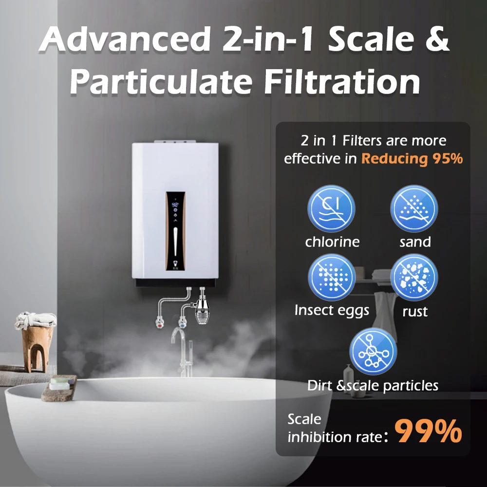 Briskspring Advanced 2 في 1 فلتر مسبق للمياه مضاد للمياه، منقي مياه الصنبور المنزلي يزيل الشوائب ويمنع مقياس الكلس