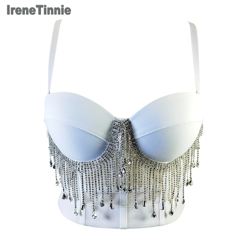 

IRENE TINNIE Women Summer Denim Camisole Corset Top Build In Bra Crystal Diamonds Tassel Jeans Tops High Street Club Party