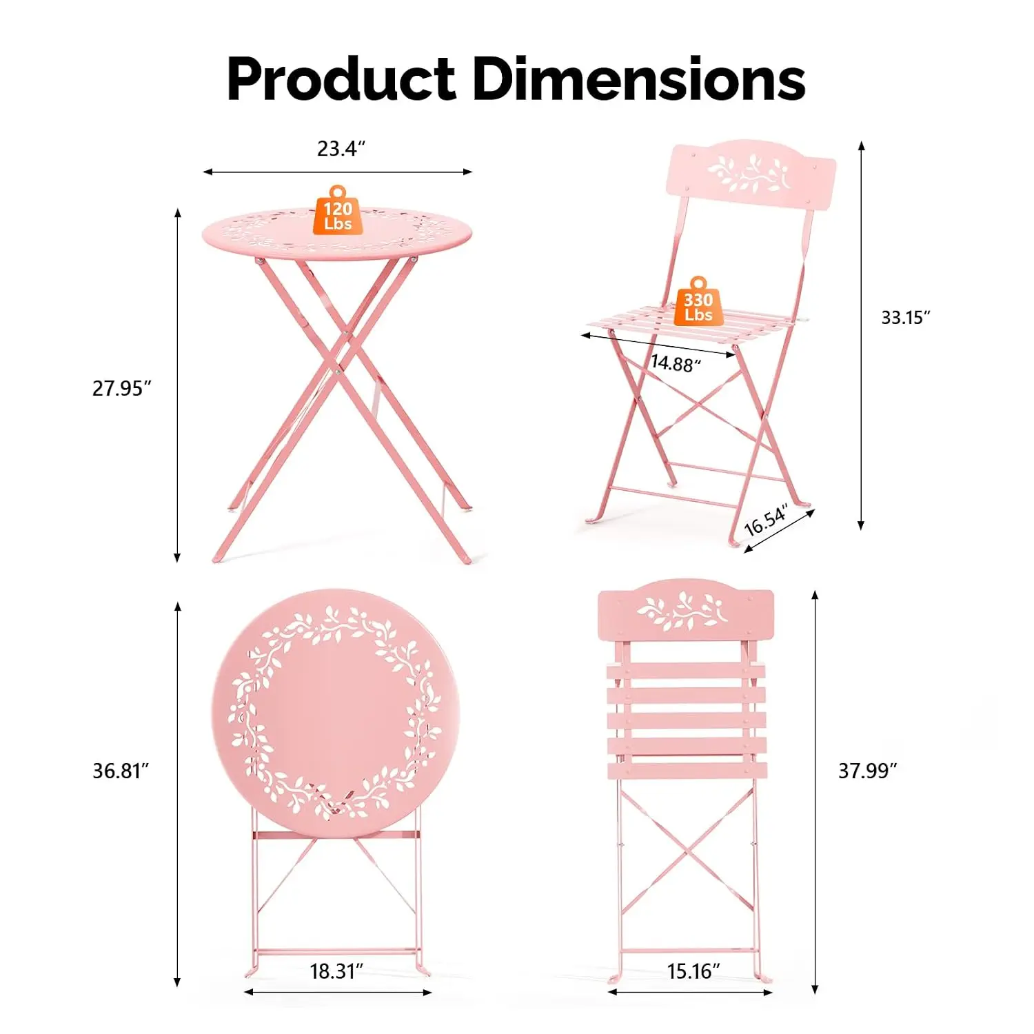 Outdoor Folding Bistro Set 3-Piece with Leaf Cutout & Cushions for Patio Balcony Garden, Pink, Customized