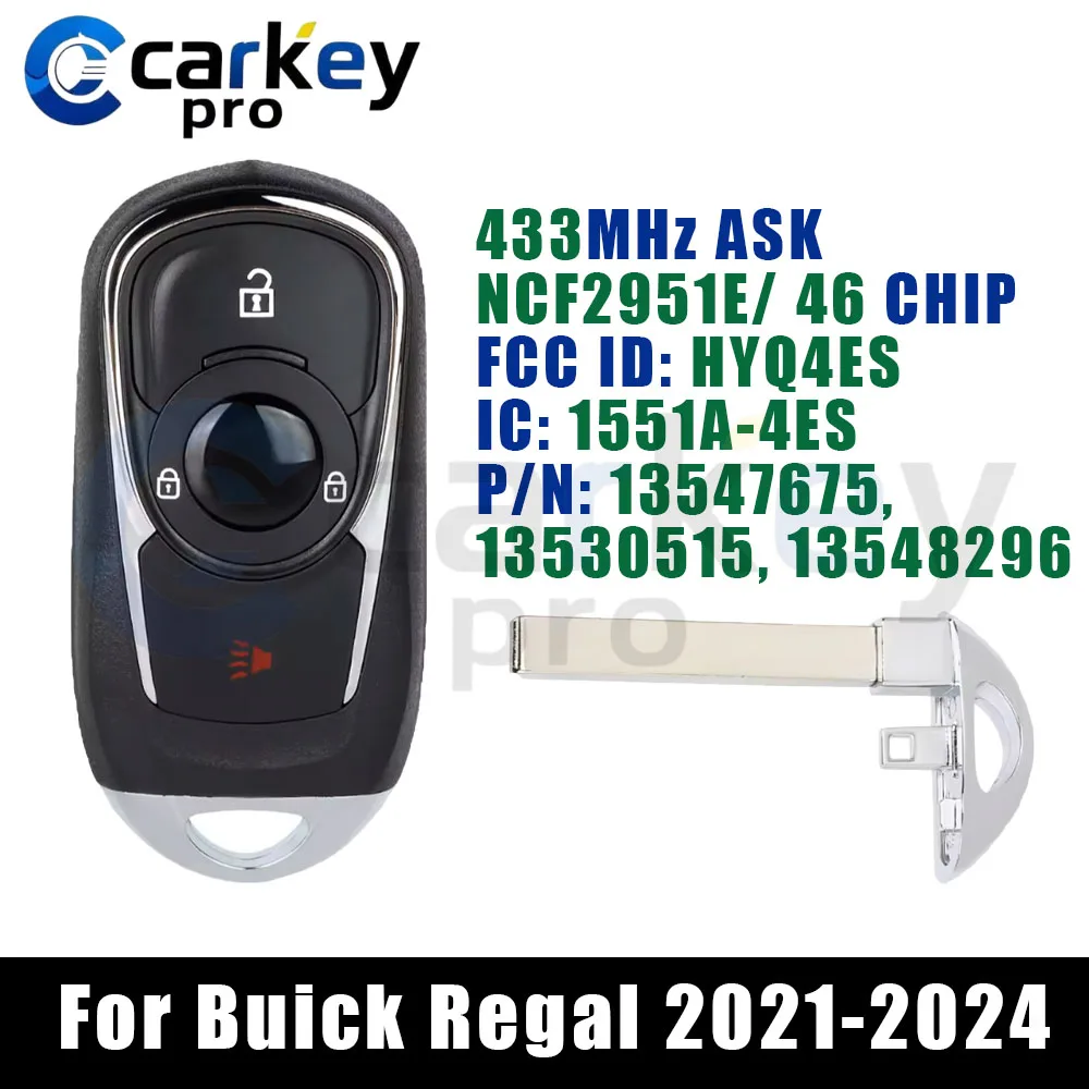 Carkeypro  2+1 Buttons Smart Car Key 433 MHz NCF2951E HITAG 2 46 Chip HYQ4ES 1551A-4ES For Buick Regal 2021-2024