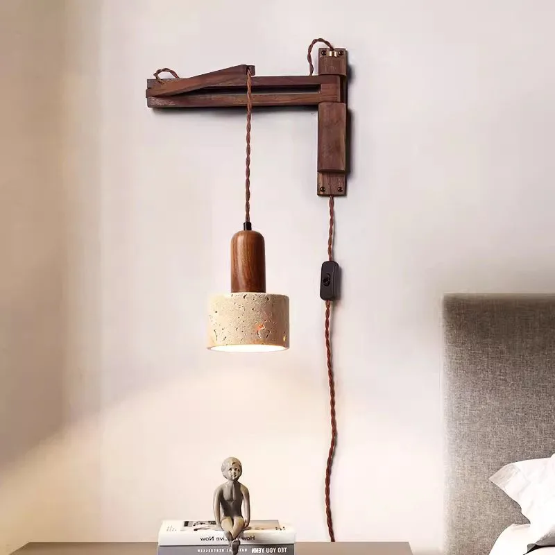 Yellow travertine wall lamp wabi wind bedroom bedside wall lamp with switch wire-free telescopic folding rotating aisle