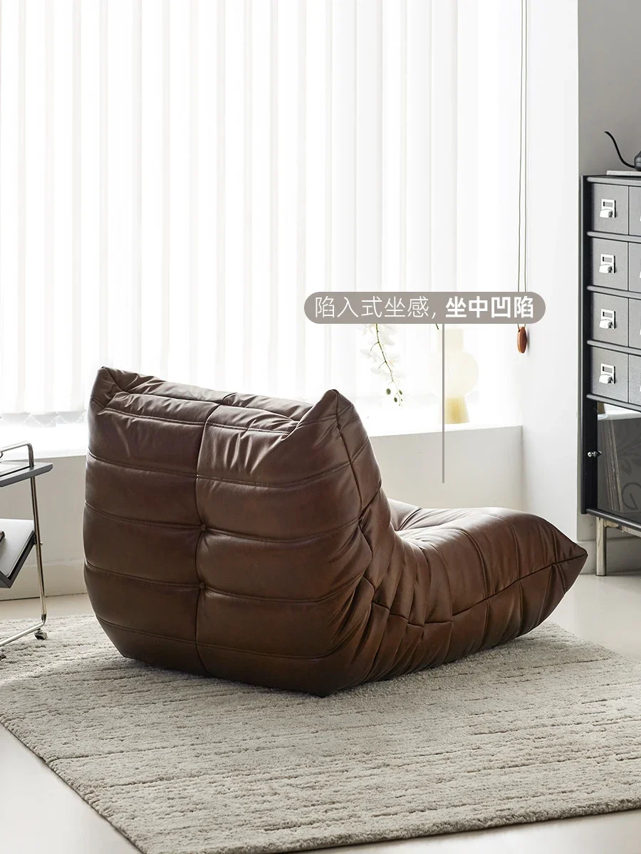 Sofá de couro de luxo com luz retrô, poltrona reclinável de couro para sala de estar, sofá individual com varanda e quarto, sofá lagarta preguiçoso