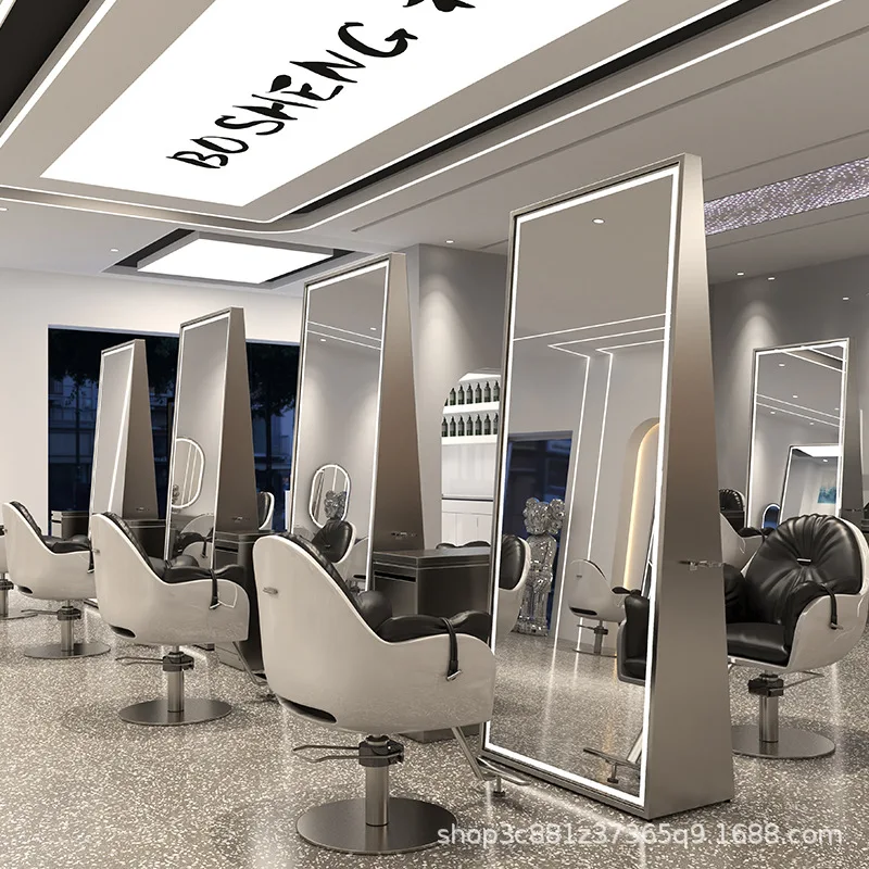 Internet celebrity barber shop mirror stainless steel single double-sided full body floor  with lamp hair salon special