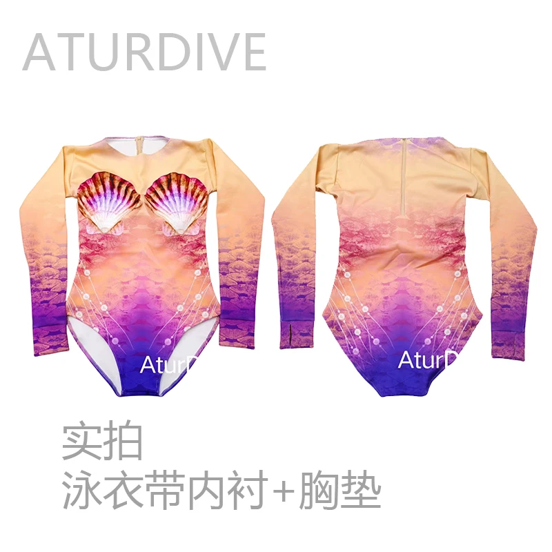 AturDive Mermaid Scale One piece Long sleeved Warm Swimsuit Aquarium Performance Dress Mermaid Tail Fat up adult and children\'s