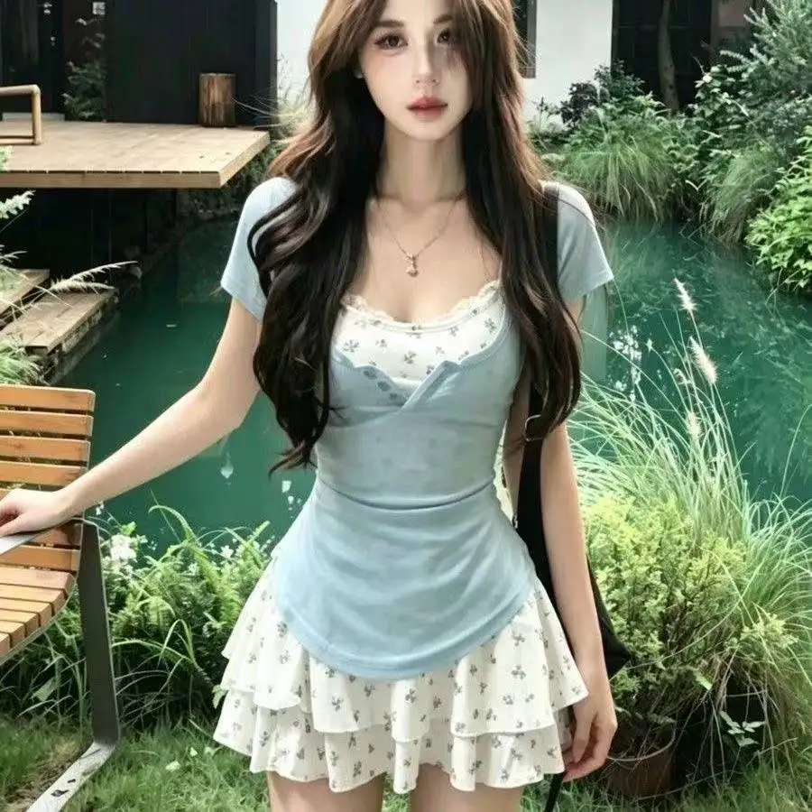 Lolita Style Japanese Sweet 2 Piece Set Woman Casual Slim Tops High Waist Elegant Y2k Mini Dress Fashion Set Chic - view 4