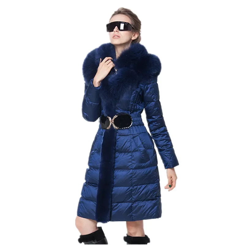 AYUNSUE Fashion Winter Down Jacket Women Fox Fur Collar Slim Warm Down Coat Female Long Parka Ladies Elegant Outwear Hooded 754