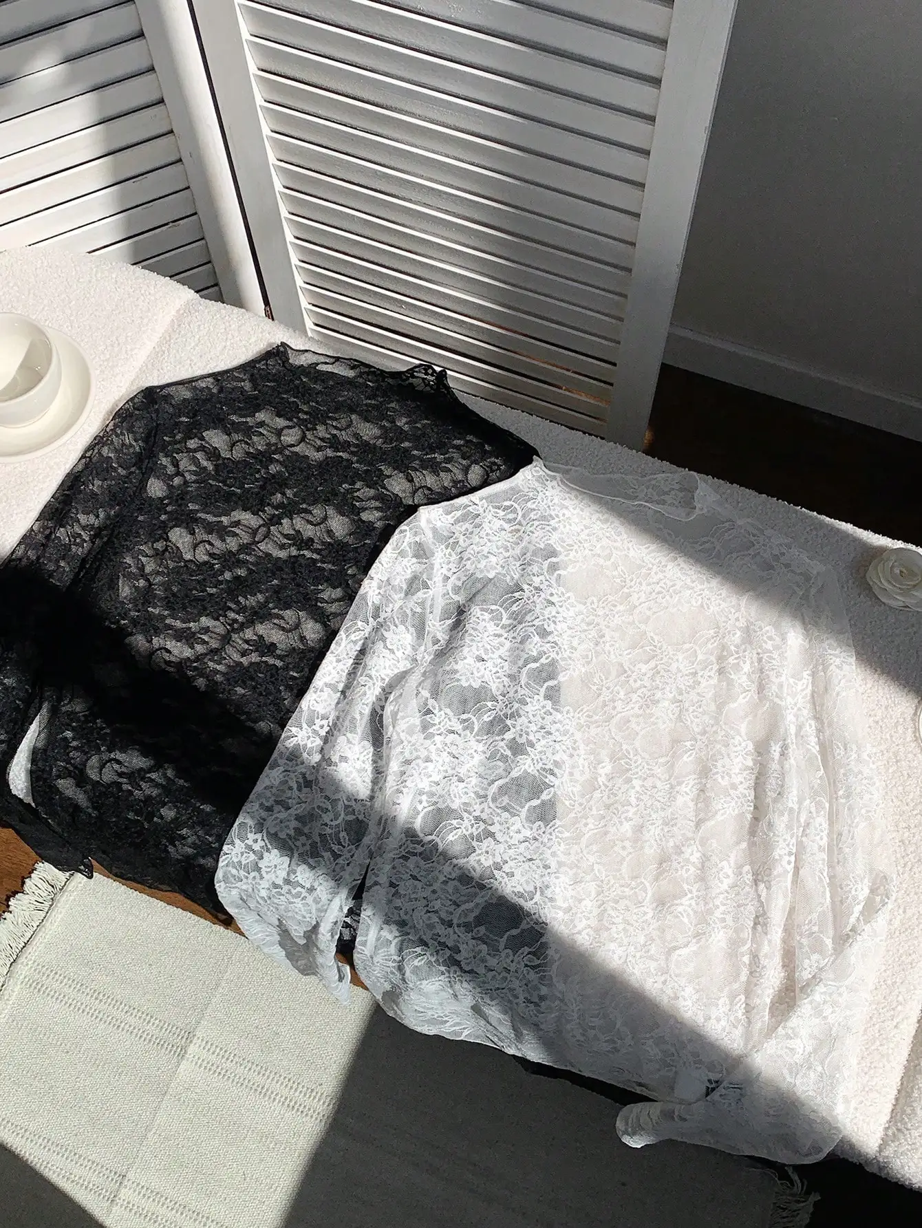 

2pcs Women's Lace & Mesh Long Sleeve Top Set, Sexy Sheer Blouse for Evening or Casual Wear