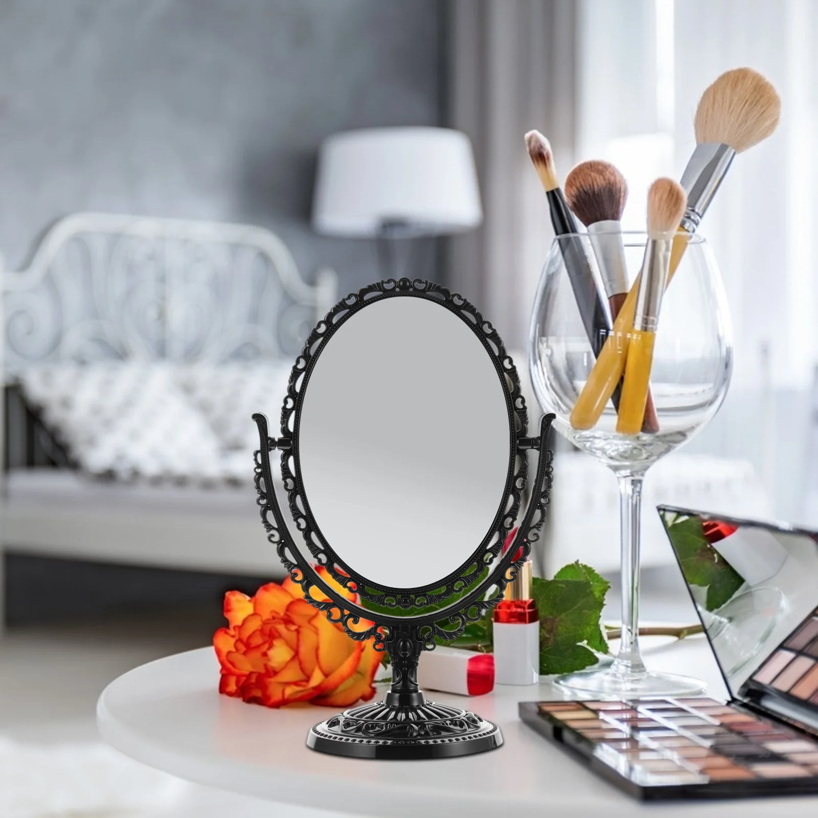 Clear No Distortion Double Sided Swivel Mirror Retro Dresser Makeup Mirror Desktop Durable Lightweight Wide Applications