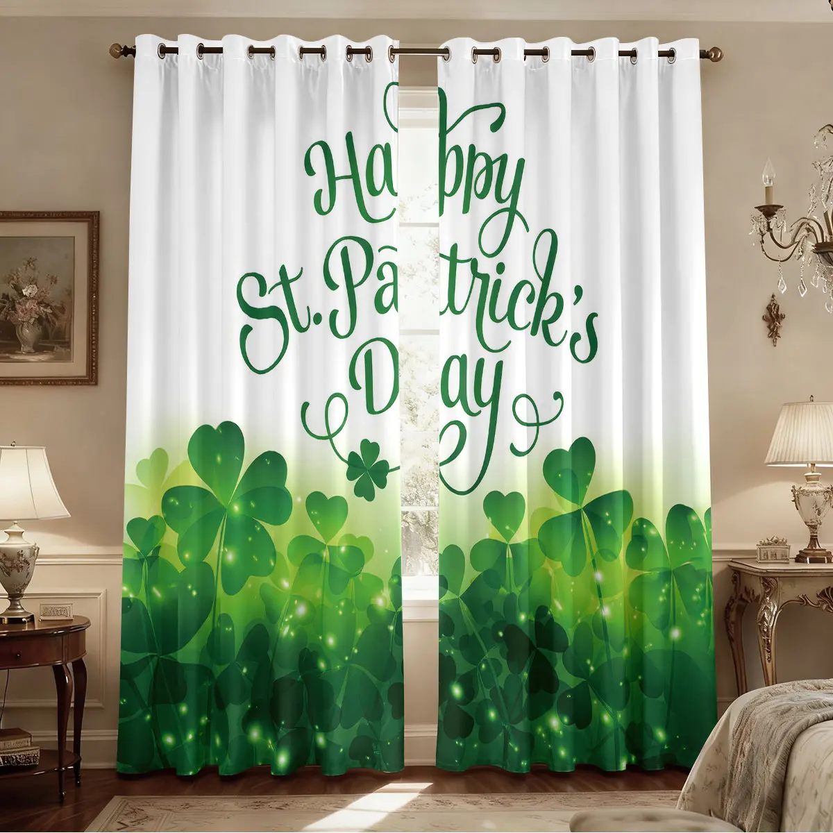 2pcs Saint Toparik Clover Dwarf Printed Blackout Perforated Curtains Multi Size Living Room Bedroom Insulation Decoration