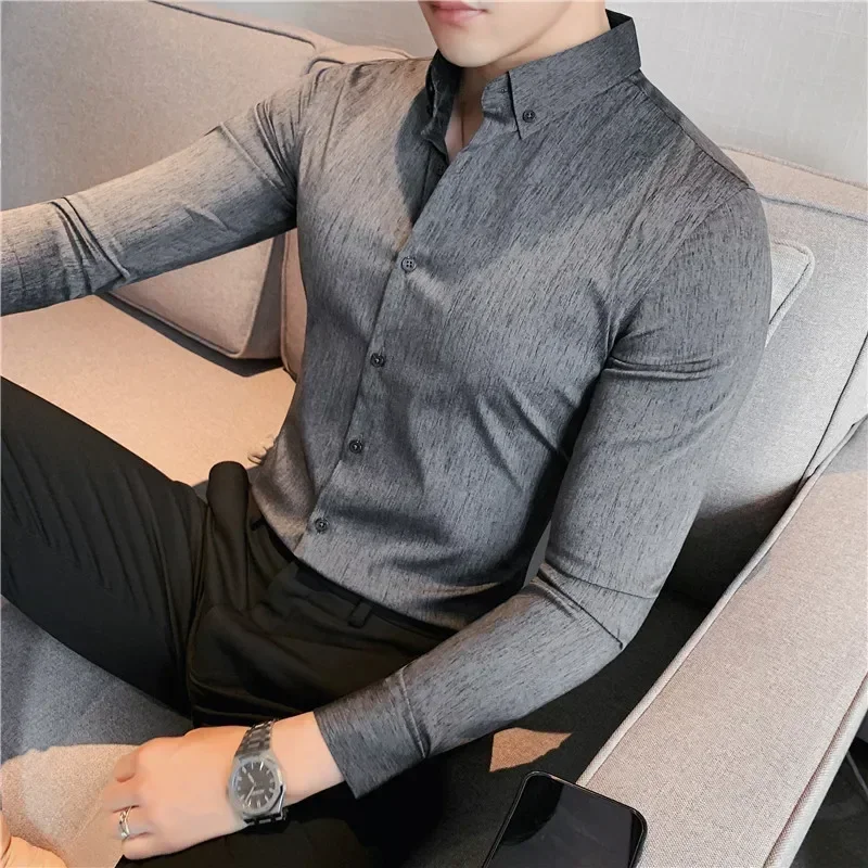 Plus Size 4XL-M High Quality Mens Elastic Striped Shirt Gentlemen Simple  Slim Fit Long Sleeve Casual Business Office Blouse