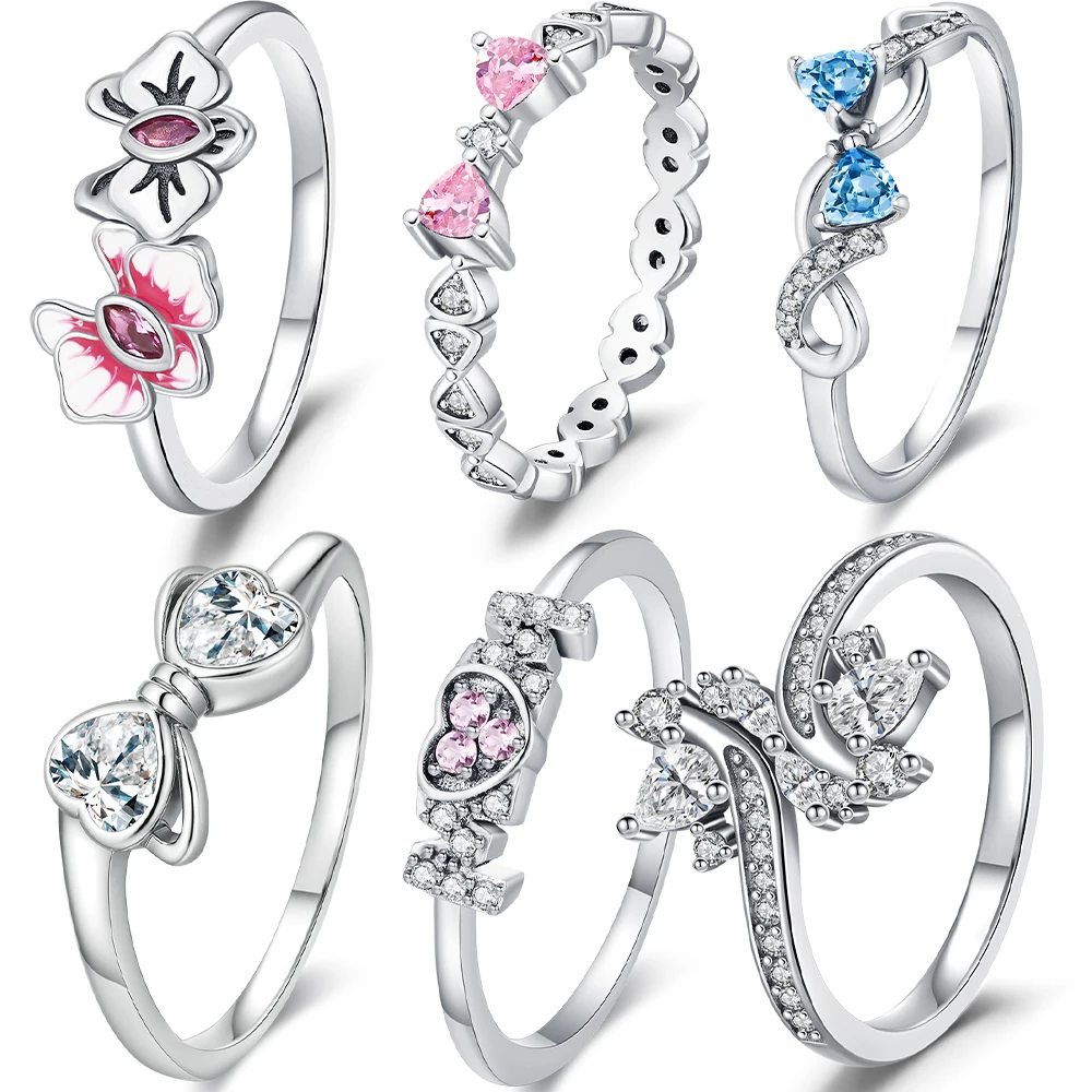 925 Sterling Silber Ring mit rosa Blume und blauem Schmetterling, modischer, schlichter Schmuck für Frauen, modischer Alltagsschmuck, florale romantische Geschenke
