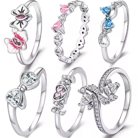 925 Sterling Silver Pink Flower Ring Blue Butterfly Fashion Simple Jewelry For Women Fashion Daily Wear Floral Romantic Gifts