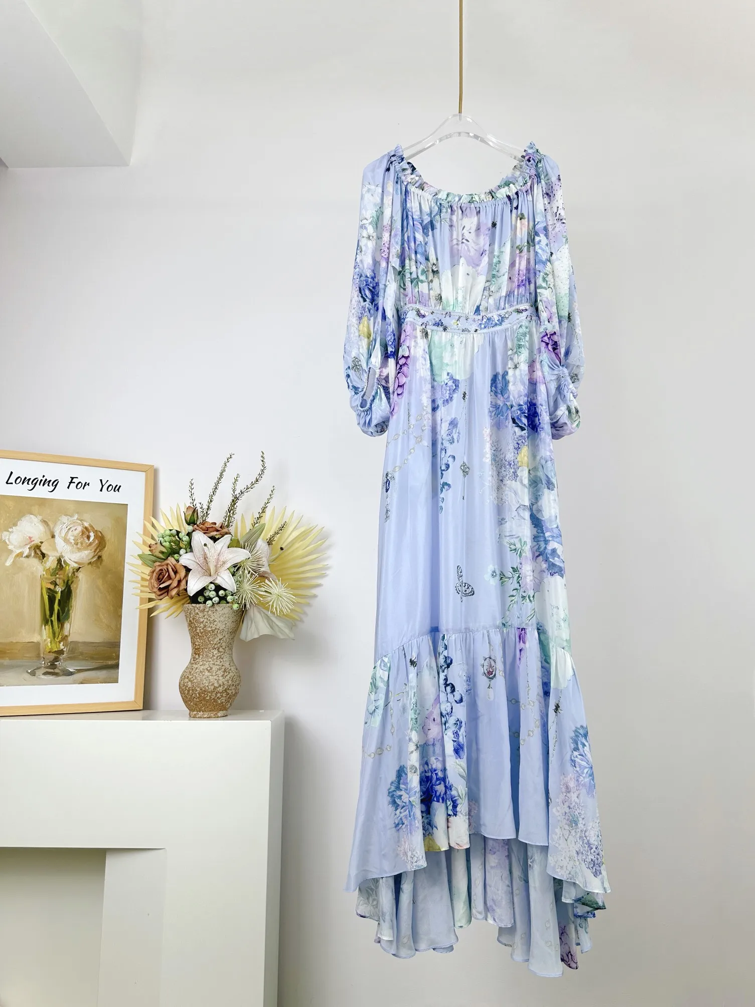 Women Sexy Slash Neck Flower Printed 100% Silk Waist Beaded Holiday Long Dress