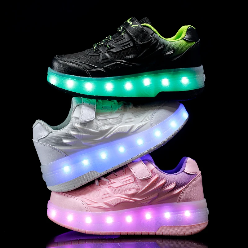 New Hot Style Kids LED USB Charging Roller Skate Shoes Girls Boys Glowing Light Up Children Luminous Sneakers With Two Wheels