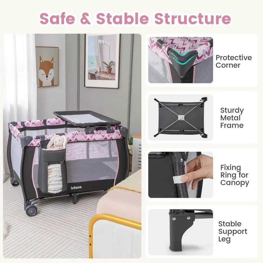 عبوة ولعب 4 في 1، لعبة أطفال محمولة للسفر مع سرير، طاولة تغيير، مظلة، ناموسية، ألعاب معلقة، صندوق تشغيل الموسيقى،