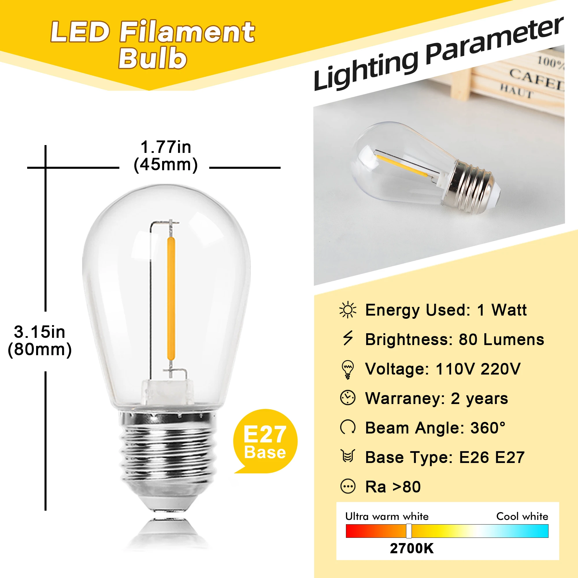 S14 1W LED String Light Bulbs Equal to 11W E27 Base Vintage Edison Plastic Waterproof Outdoor Replace Bulb Party Wedding Decor