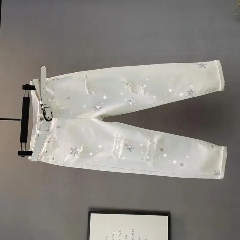 

Белые джинсы, женские весенне-летние новые свободные джинсовые брюки со звездами, женские модные повседневные джинсовые брюки, большой размер 4XL