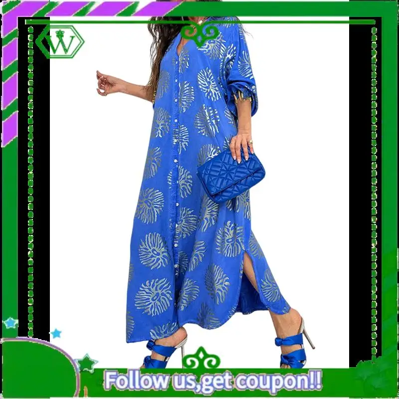 A18P-Abito Boho da donna con stampa floreale, spacco laterale, profondo scollo a V, maniche corte, maxi abito a trapezio, maxi abiti fluidi