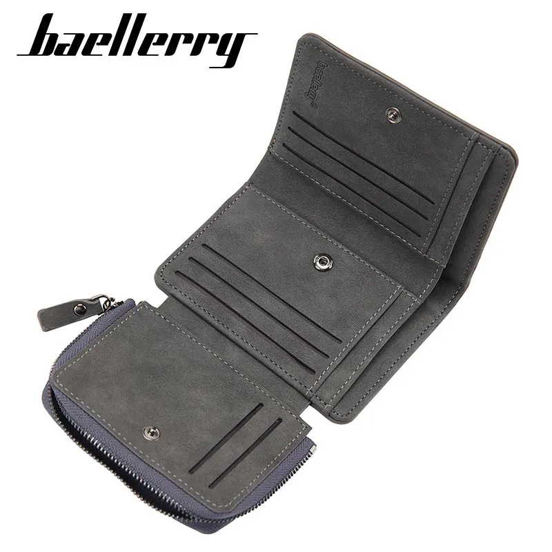 

Baellerry Men Short Wallets Name Engraving Retro Card Holder Brand Male Purses Zipper Coin Pocket Classic 3-Fold Men's Wallet