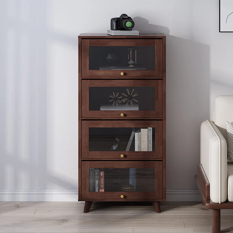 Walnut sliding door bookcase household simple bedroom living room multi-layer