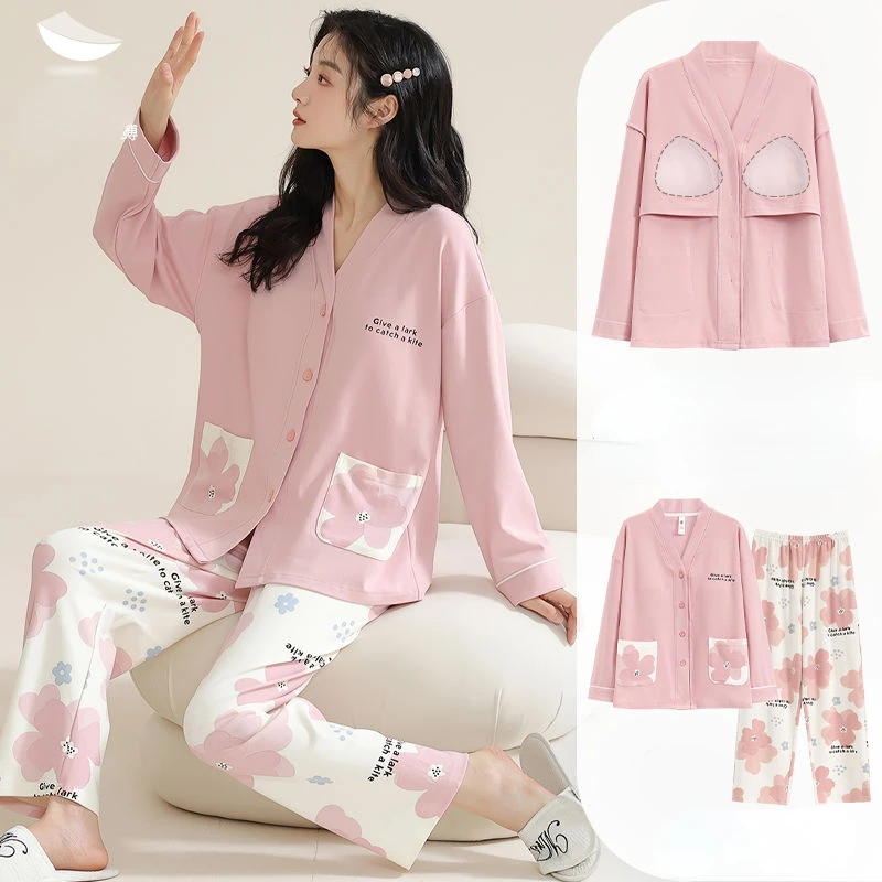 Cotton Sleepwear Long Sleeve Trouser Women Pajama Sets Print Chest Pads Loungewear Two Piece Suit Cardigan Big Size Nightwear