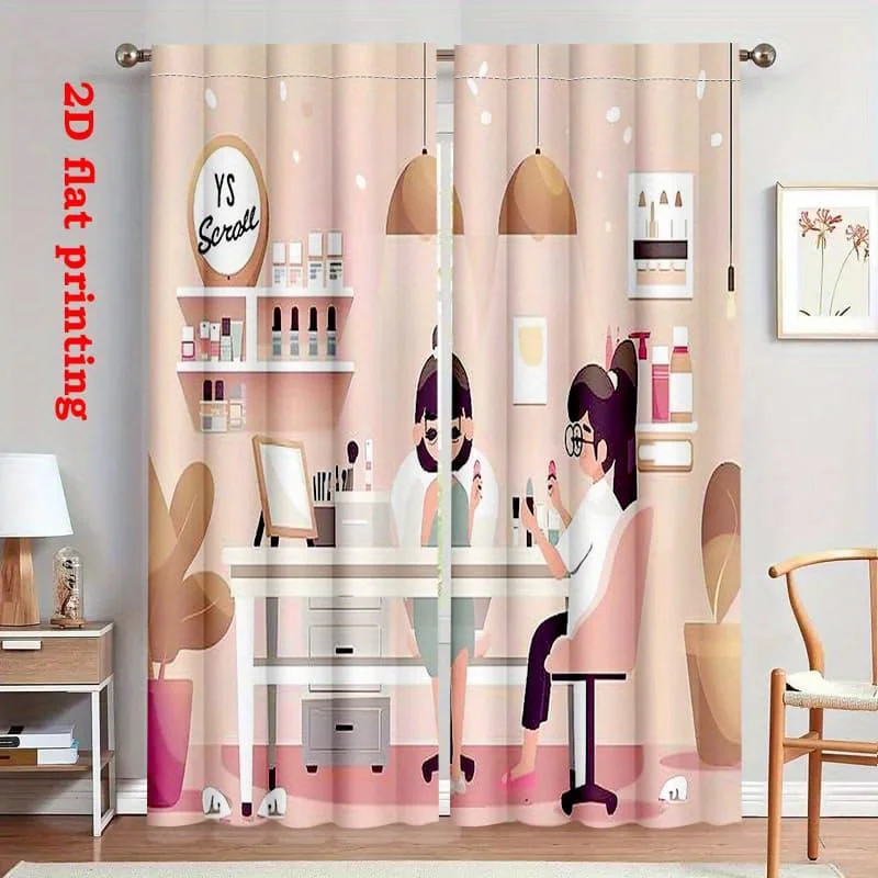 Beauty Salon Curtain, Nail Art & Makeup Room Print Drape, Pink Girl Manicure Shop Window Treatment for Home Decor