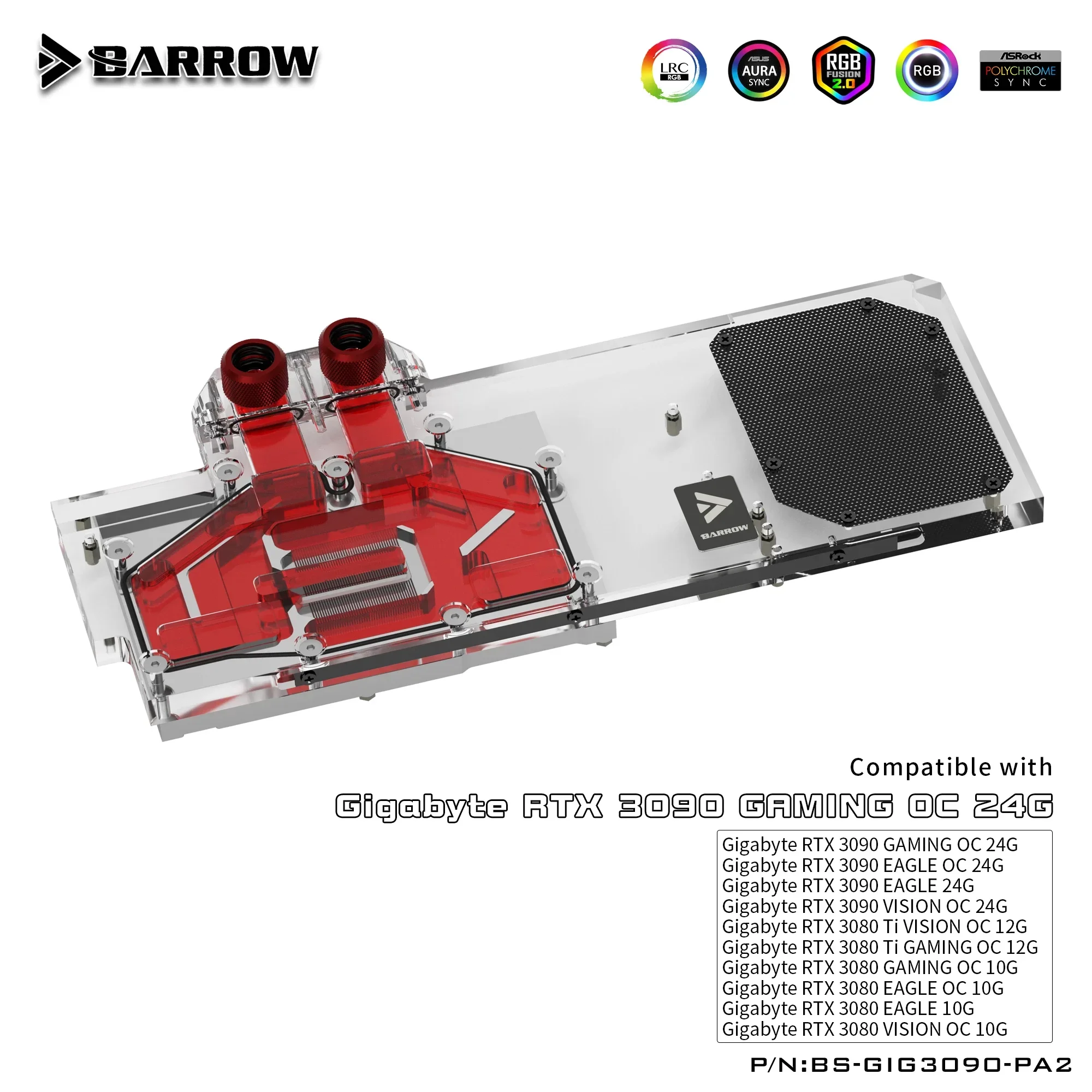 Barrow 3090 3080 GPU Water Cooling Block สําหรับ GIGABYTE 3090/3080 GAMING EAGLE VISION OC, ฝาครอบ ARGB GPU Cooler,BS-GIG3090-PA2