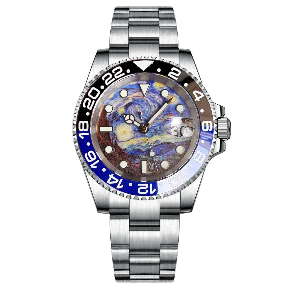 40MM Tandorio Van Gogh Sky Vintage Dive Watch Men\'s Automatic Mechanical Watch NH35A Sapphire Glass Cyclops Date Magnification