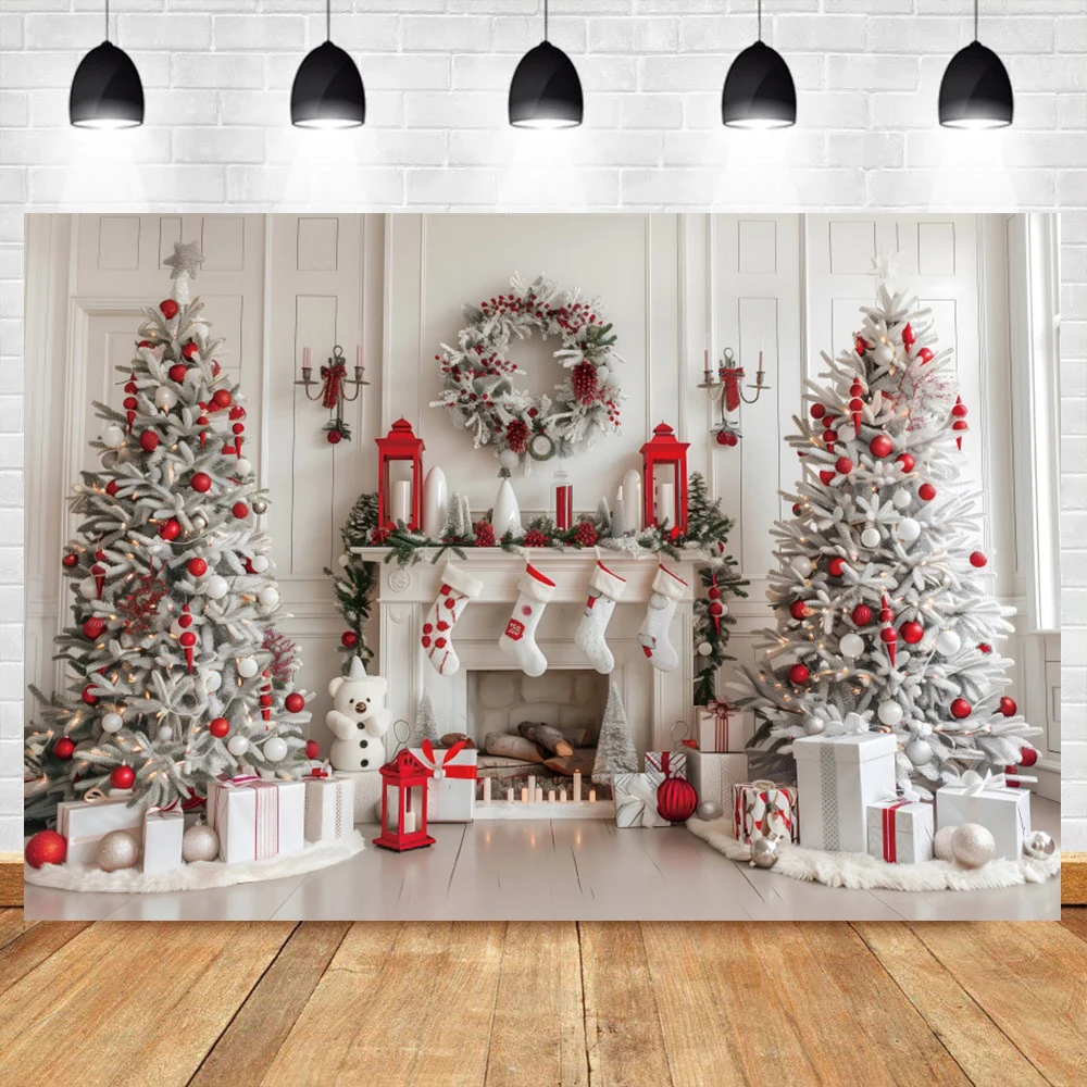 Christmas Backdrop Window Fireplace Xmas Tree Gift Winter Snow Sock Baby Portrait Photography Background Decor For Photo Studio