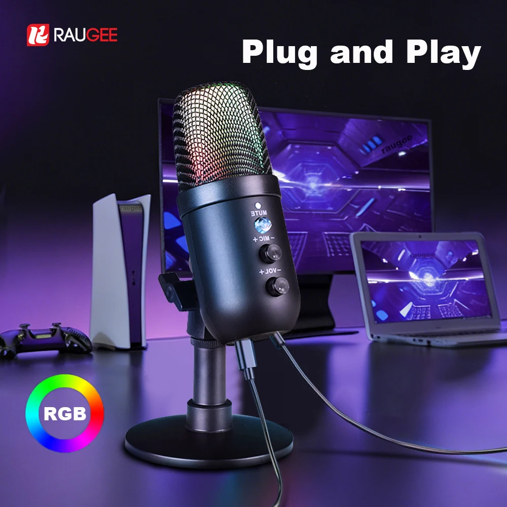 

USB-конденсаторный микрофон для ПК, ноутбука, профессиональный настольный микрофон, игровая запись, прямая трансляция, подкаст, RGB-микрофон на Youtube