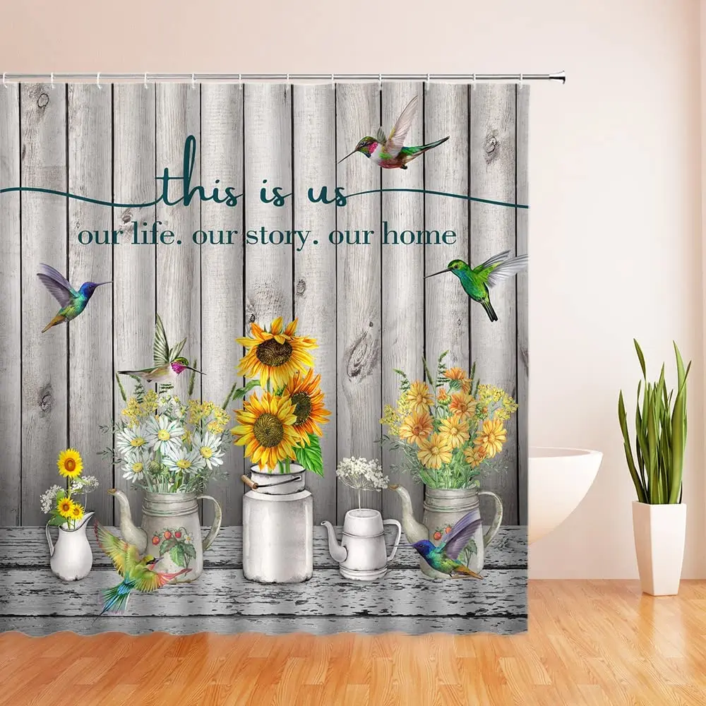 

Sunflower Shower Curtain Yellow Flower Hummingbirds White Daisy Bottle Plank Bathroom Decor Waterproof with Hooks Bath Curtains
