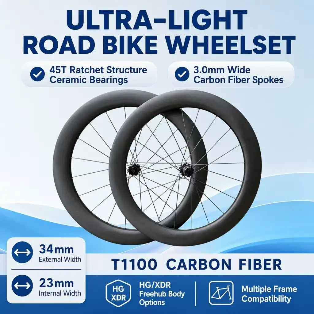 Jeu de roues de vélo de route 700C, rayons en carbone de 3,1 mm, moyeu à cliquet 54T, largeur extérieure 34 mm, largeur intérieure 23,5 mm, jeu de roues de vélo en fibre de carbone sous vide
