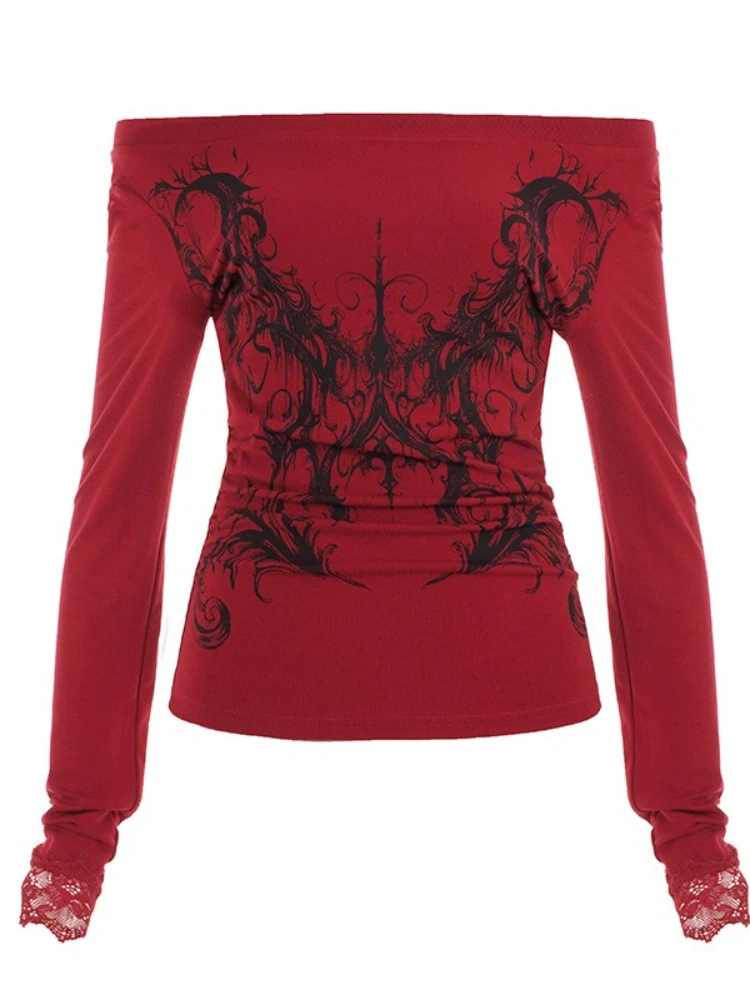 Gothic Sexy Style Off Shoulder Tops Women Long Sleeve Vintage Y2k Hot Chick Red T-shirt Streetwear Harajuku Punk Clothing New