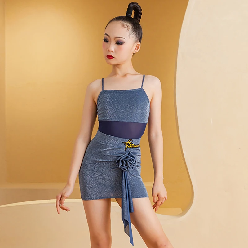 Children Modern Latin Dance Strap Bright Silk Jumpsuit and Skirt for Girls Professional Competition Dress Waltz Social Dancewear