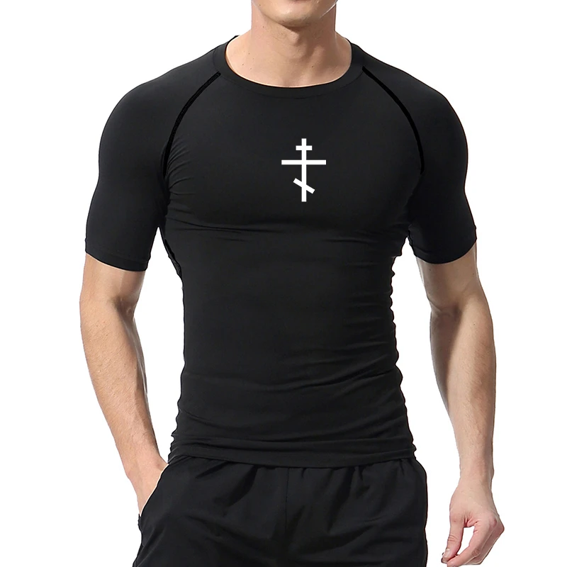 Cross Print Compression Shirt for Men Christian Athletic Tshirt Tees Tops Gym Workout Fitness Running Baselayers Undershirts