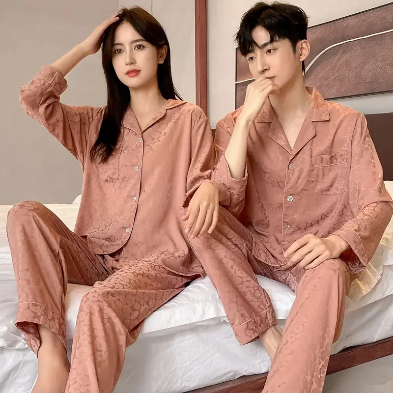 High-grade Jacquard Couple Pajamas Women Sleepwear Spring Autumn Long Sleeve Nightgown Ice Silk Thin New Men Silk Homewear Suit