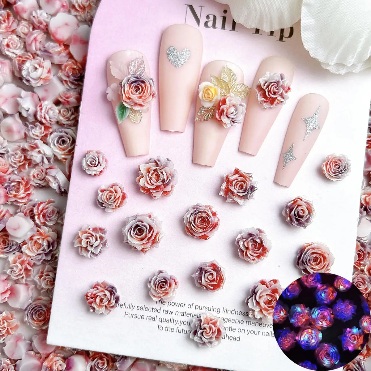 

Double Colors Luminous Camellia Nail Art Decorations Dreamy Glitter Resin Rose Flower Nail Charms DIY Palace Style Nails Designs